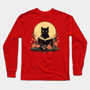 Floral Black Cat And Book Catshirt Long Sleeve T-Shirt